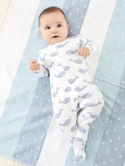 JoJo Maman Bébé Blue Whale Print Zip Cotton Baby Sleepsuit - Image 1 of 3