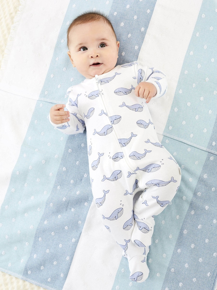 JoJo Maman Bébé Blue Whale Print Zip Cotton Baby Sleepsuit - Image 1 of 3