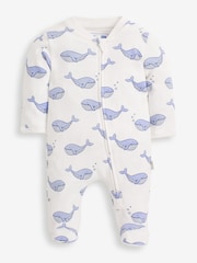 JoJo Maman Bébé Blue Whale Print Zip Cotton Baby Sleepsuit - Image 2 of 3