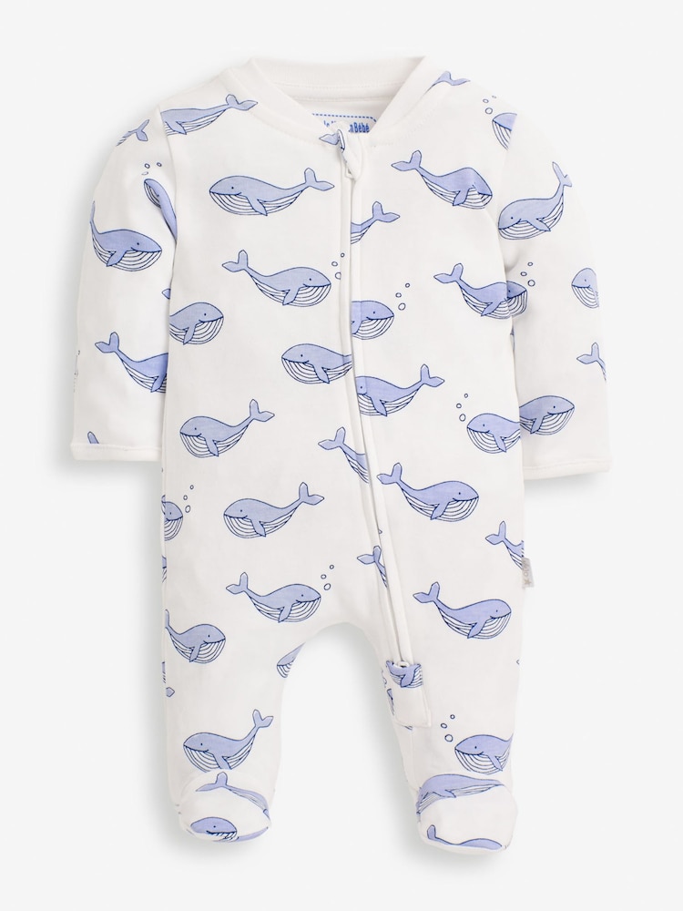 JoJo Maman Bébé Blue Whale Print Zip Cotton Baby Sleepsuit - Image 2 of 3