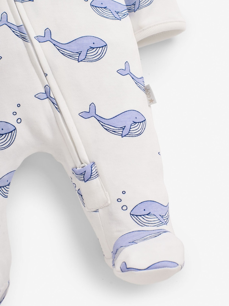 JoJo Maman Bébé Blue Whale Print Zip Cotton Baby Sleepsuit - Image 3 of 3