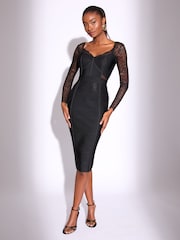 Lipsy Black Lace Detail Long Sleeve Bandage Bodycon Midi Dress - Image 1 of 4
