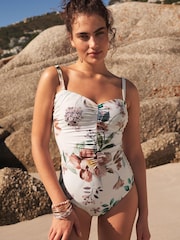 White Floral Tummy Control Ruched Bandeau Swimsuit - Image 2 of 2