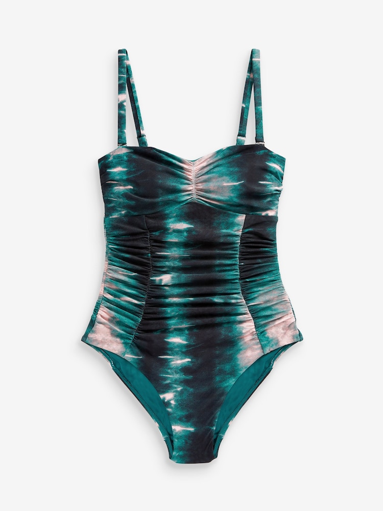 Teal Blue/Pink Tummy Control Ruched Bandeau Swimsuit - Image 3 of 3