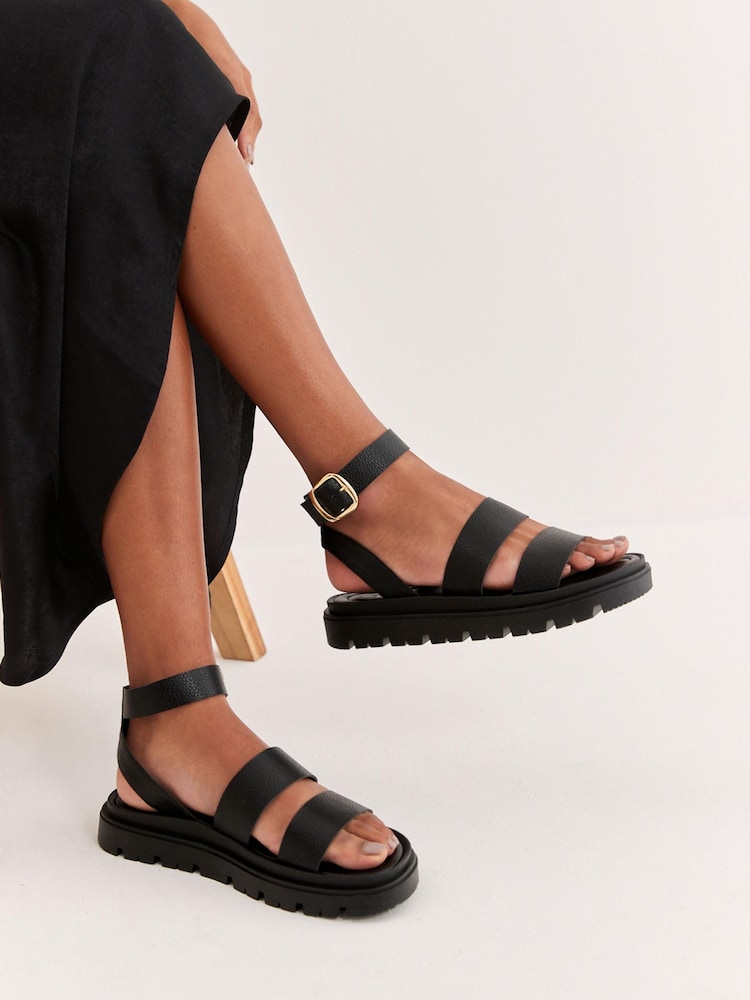 Black Forever Comfort® Chunky Sandals With Ankle Strap - Image 2 of 9 Black Forever Comfort® Chunky Sandals With Ankle Strap - Image 2 of 9
