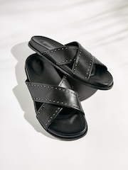 Black Leather Flat Footbed Sandals with Stud Detailing - Image 1 of 7