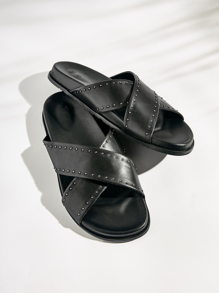 Black Leather Flat Footbed Sandals with Stud Detailing - Image 1 of 7
