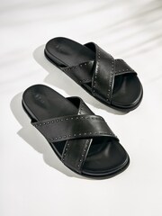 Black Leather Flat Footbed Sandals with Stud Detailing - Image 2 of 7