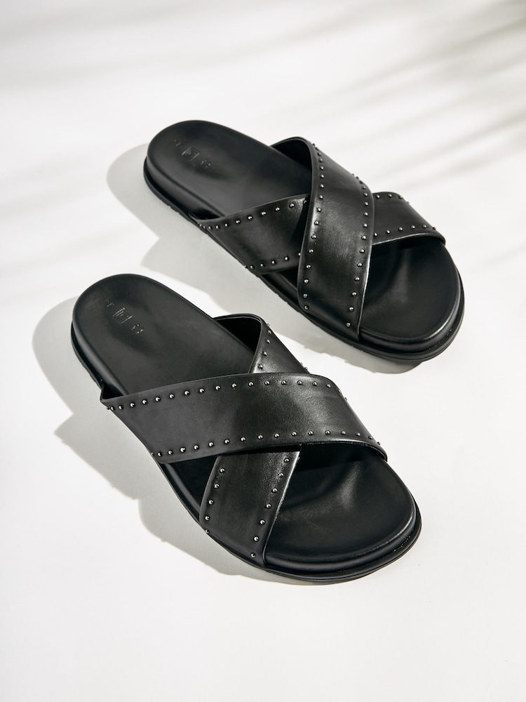 Black Leather Flat Footbed Sandals with Stud Detailing - Image 2 of 7 Black Leather Flat Footbed Sandals with Stud Detailing - Image 2 of 7