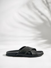 Black Leather Flat Footbed Sandals with Stud Detailing - Image 3 of 7