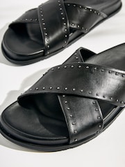 Black Leather Flat Footbed Sandals with Stud Detailing - Image 4 of 7
