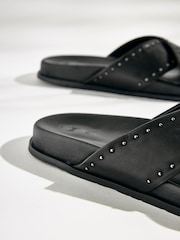 Black Leather Flat Footbed Sandals with Stud Detailing - Image 5 of 7