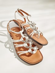 White Forever Comfort® Leather Flat Sandals with Circular Trim Detailing - Image 2 of 5