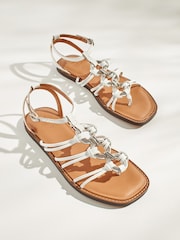 White Forever Comfort® Leather Flat Sandals with Circular Trim Detailing - Image 3 of 5