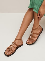 Tan Brown Forever Comfort® Leather Flat Sandals with Circular Trim Detailing - Image 1 of 7