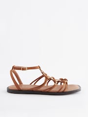 Tan Brown Forever Comfort® Leather Flat Sandals with Circular Trim Detailing - Image 3 of 7