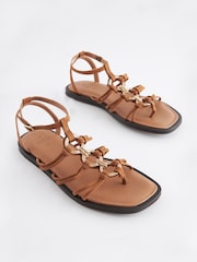 Tan Brown Forever Comfort® Leather Flat Sandals with Circular Trim Detailing - Image 4 of 7
