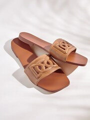 Tan Brown Premium Leather Flat Cut Out Detail Mule Sandals - Image 5 of 7