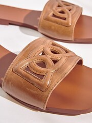 Tan Brown Premium Leather Flat Cut Out Detail Mule Sandals - Image 7 of 7