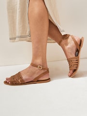 Tan Brown Extra Wide Fit Forever Comfort® Leather Woven Flat Sandals - Image 1 of 8