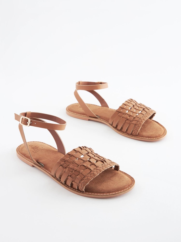 Tan Brown Extra Wide Fit Forever Comfort® Leather Woven Flat Sandals - Image 2 of 8