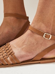Tan Brown Extra Wide Fit Forever Comfort® Leather Woven Flat Sandals - Image 8 of 8