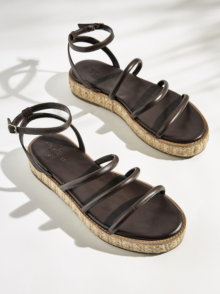 Chocolate Brown Forever Comfort Leather Platform Sandals with Woven Platform Detailing - Image 1 of 5