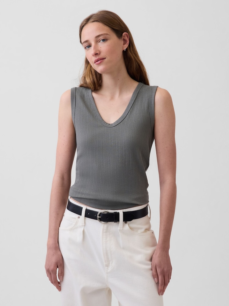 Gap Olive Green Modern Rib Scoop V-Neck Vest - Image 1 of 3 Gap Olive Green Modern Rib Scoop V-Neck Vest - Image 1 of 3