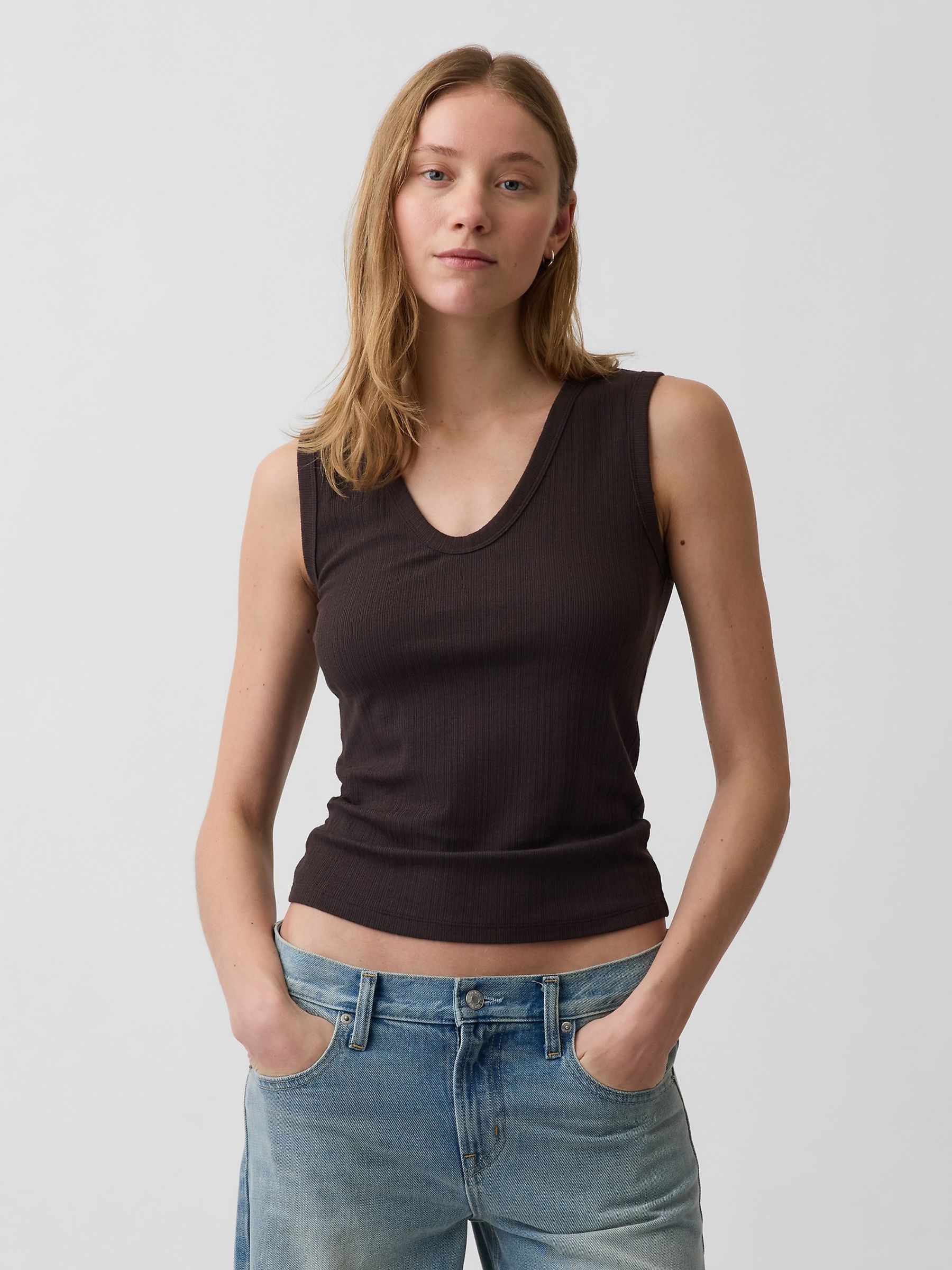 Gap Brown Modern Rib Scoop V-Neck Vest Top