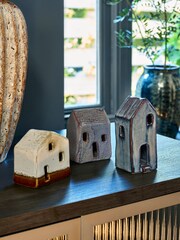 Set of 3 Blue Artisan Ceramic House Ornaments - Image 1 of 5