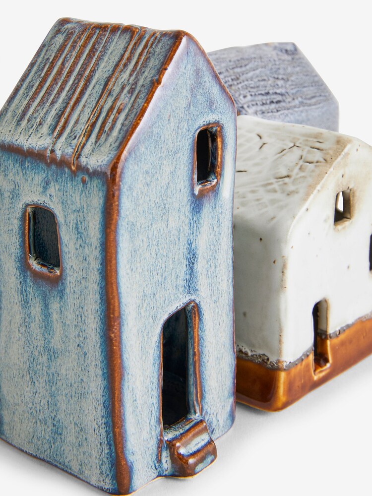 Set of 3 Blue Artisan Ceramic House Ornaments - Image 2 of 5