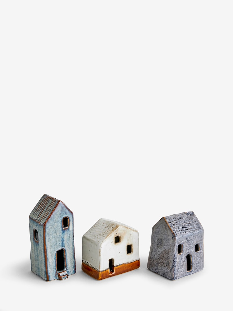 Set of 3 Blue Artisan Ceramic House Ornaments - Image 5 of 5