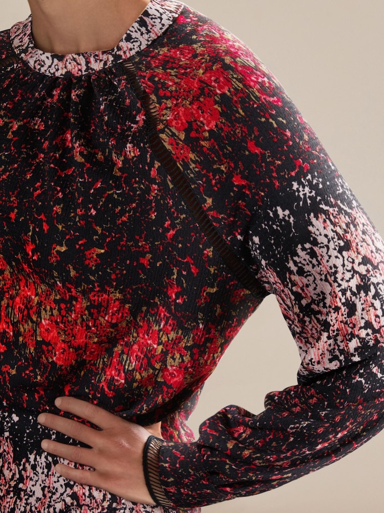 Black and Red Ditsy Long Sleeve Ladder Detail Mini Dress - Image 2 of 5 Black and Red Ditsy Long Sleeve Ladder Detail Mini Dress - Image 2 of 5