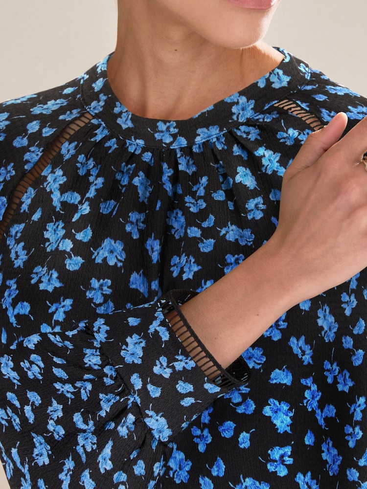 Black Ditsy Floral Long Sleeve Ladder Detail Mini Dress - Image 3 of 3 Black Ditsy Floral Long Sleeve Ladder Detail Mini Dress - Image 3 of 3