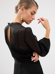 Black Long Sleeve Sheer Layer Midi Dress - Image 4 of 6
