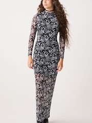 Black & White Long Sleeve Mesh Midi Dress - Image 1 of 6