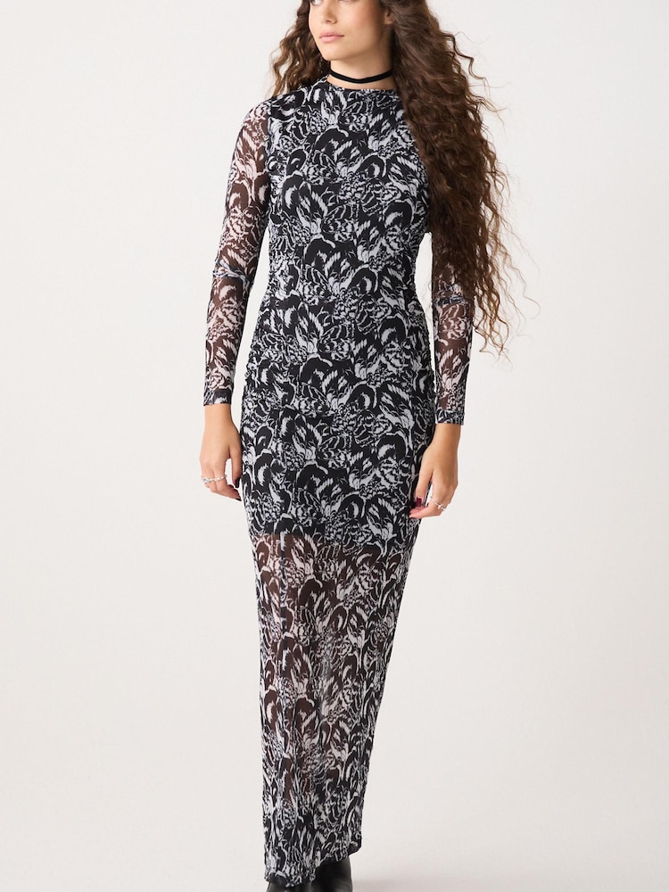 Black & White Long Sleeve Mesh Midi Dress - Image 1 of 6
