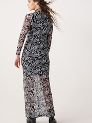 Black & White Long Sleeve Mesh Midi Dress - Image 3 of 6