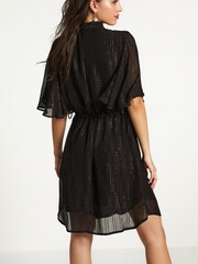 Black Sparkle Flutter Sleeve Tie Waist Mini Dress - Image 2 of 3