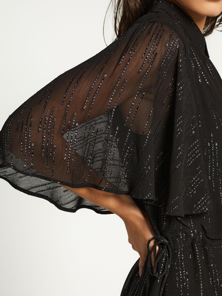 Black Sparkle Flutter Sleeve Tie Waist Mini Dress - Image 3 of 3