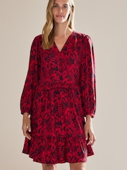 Red Feather Print Long Sleeve Mini V-Neck Dress - Image 1 of 6
