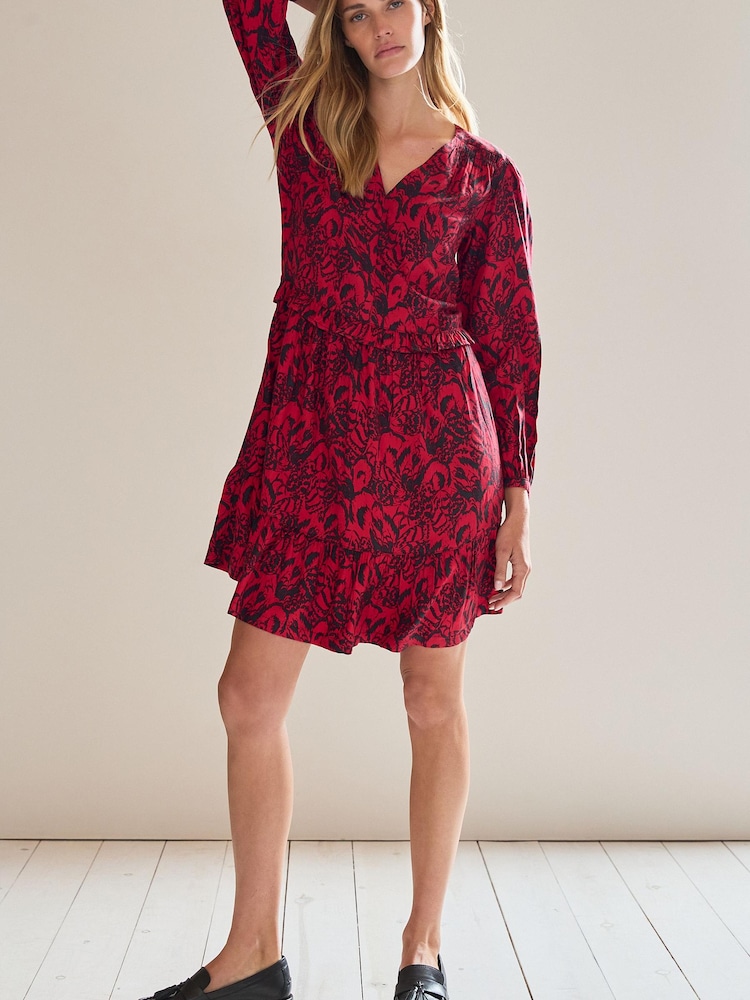 Red Feather Print Long Sleeve Mini V-Neck Dress - Image 2 of 6