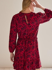 Red Feather Print Long Sleeve Mini V-Neck Dress - Image 3 of 6
