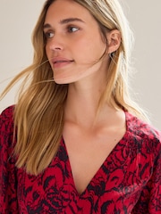 Red Feather Print Long Sleeve Mini V-Neck Dress - Image 4 of 6