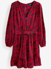 Red Feather Print Long Sleeve Mini V-Neck Dress - Image 5 of 6