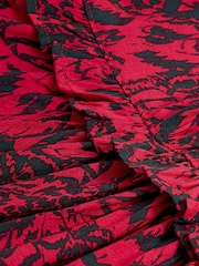 Red Feather Print Long Sleeve Mini V-Neck Dress - Image 6 of 6