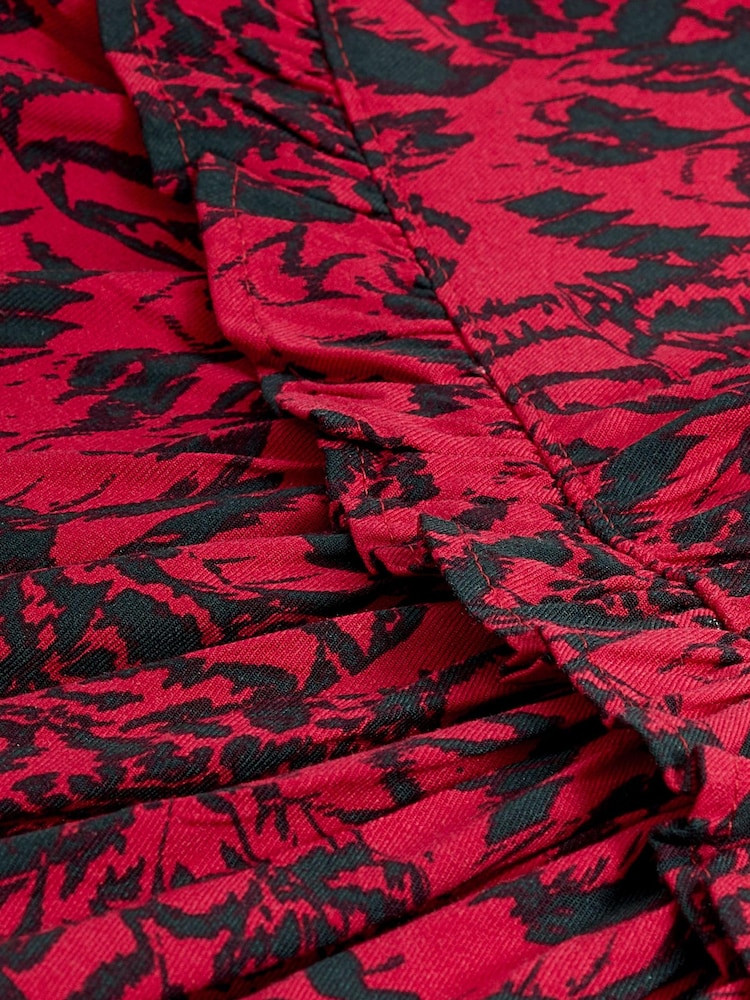Red Feather Print Long Sleeve Mini V-Neck Dress - Image 6 of 6