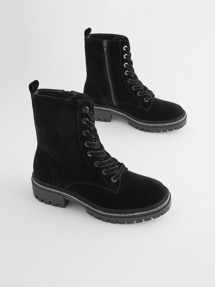 Black Velvet Forever Comfort® Diamanté Rand Lace-Up Boots - Image 1 of 6