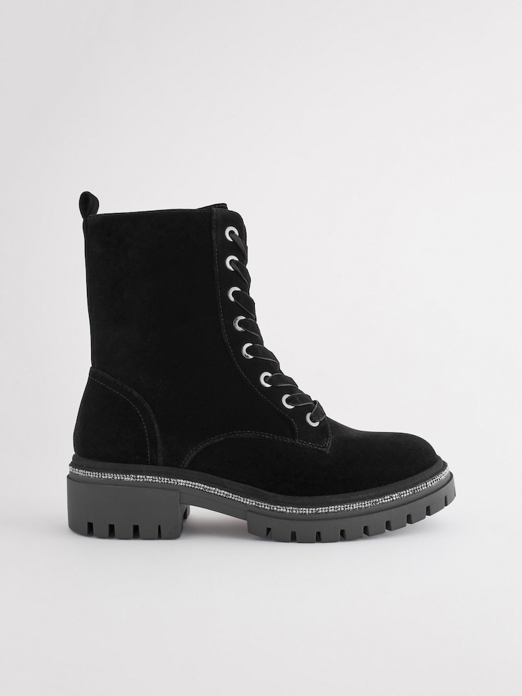 Black Velvet Forever Comfort® Diamanté Rand Lace-Up Boots - Image 2 of 6
