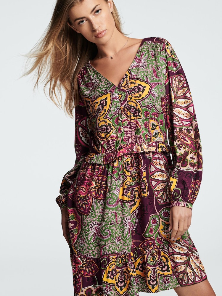 Purple Long Sleeve Mini V-Neck Dress - Image 1 of 6